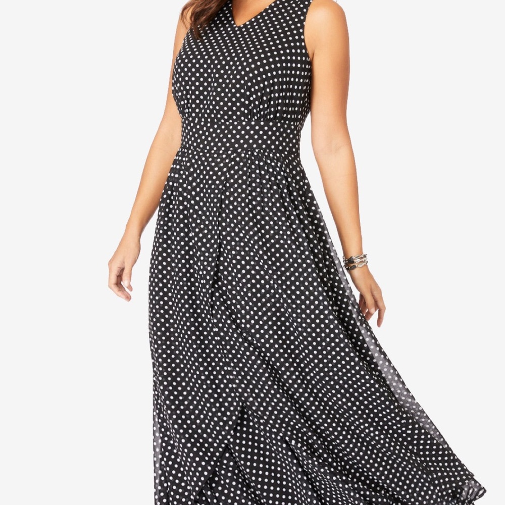 Georgette Flyaway Maxi Dress Jessica London Womens 34 Blue/White polka dot layer